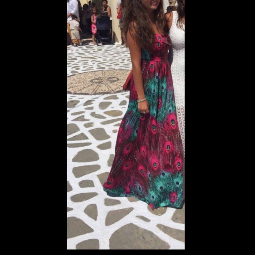 Maxi Dress with Pink and Teal Peacock Print